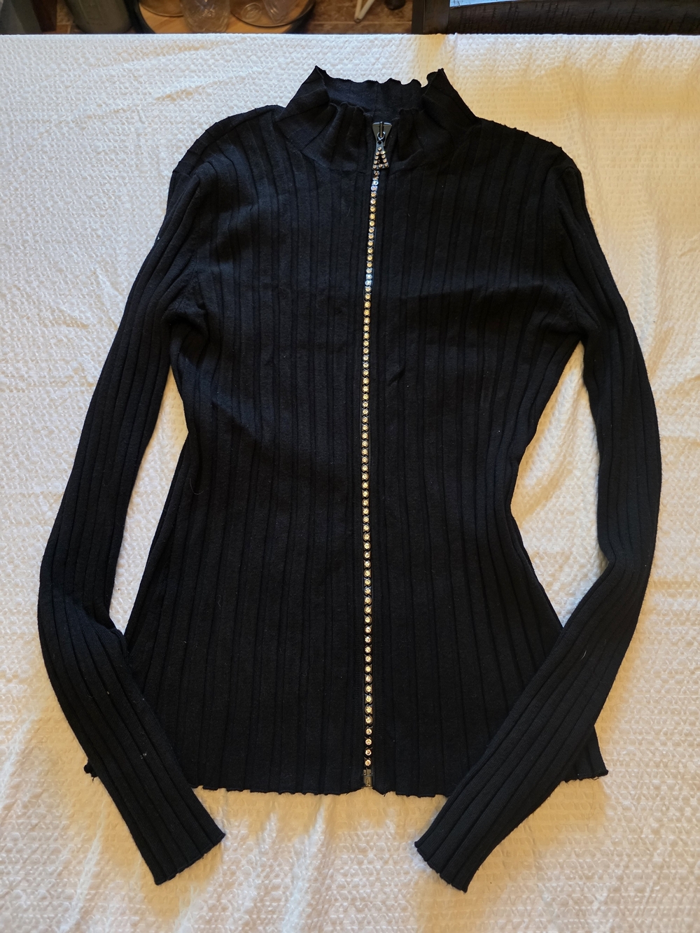 Belldini Black Ribbed Zip-Up Sweater with Rhinestone Trim